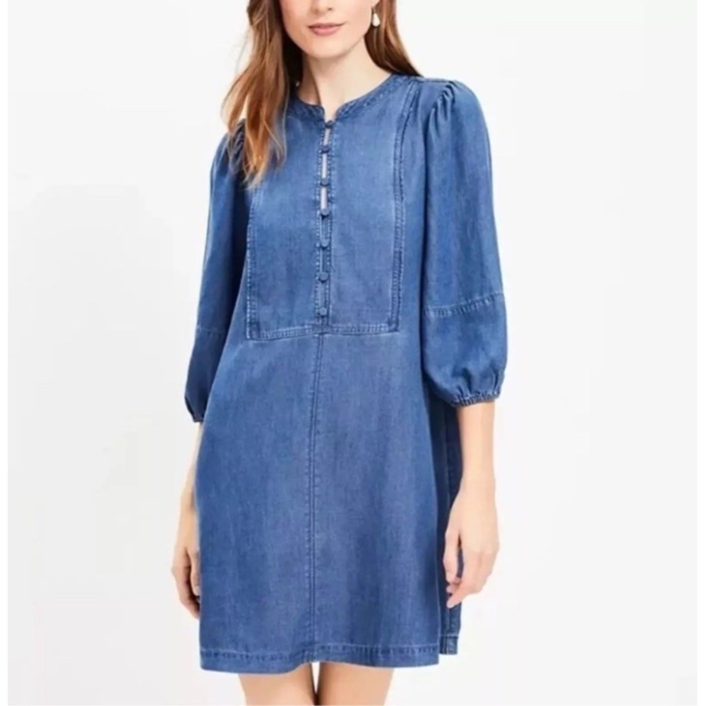 Loft‎ Womens S/P Denim Blue Chambray Shift Dress 3/4 Sleeve With Button Front